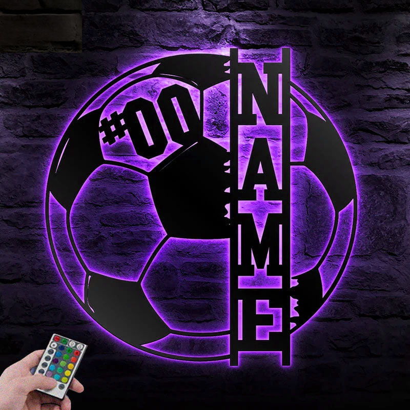 Custom Name Soccer Wall Decor, Metal Wall Signs With RGB Led Light