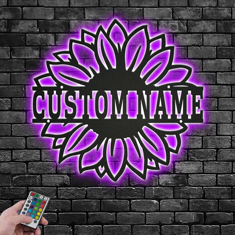 Custom Name Sunflower Name Sign Decoration For Room, Metal Wall Signs With RGB Led Light
