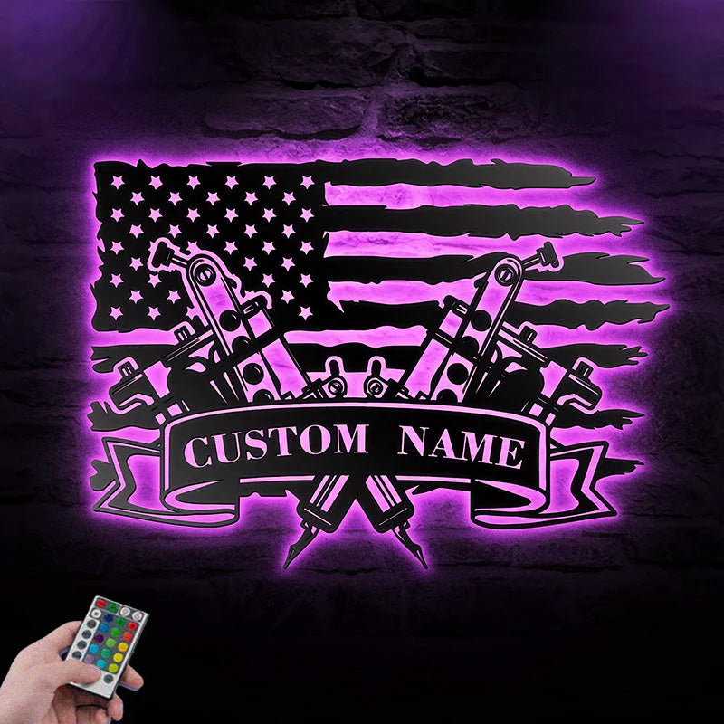 Custom Name Tattoo Machine Metal Wall Art With Led Light
