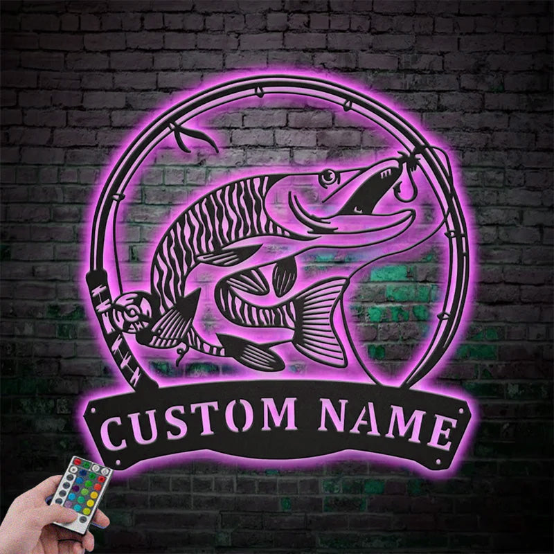 Custom Name Tiger Muskellunge Fishing Fish Pole Metal Wall Signs With RGB Led Light