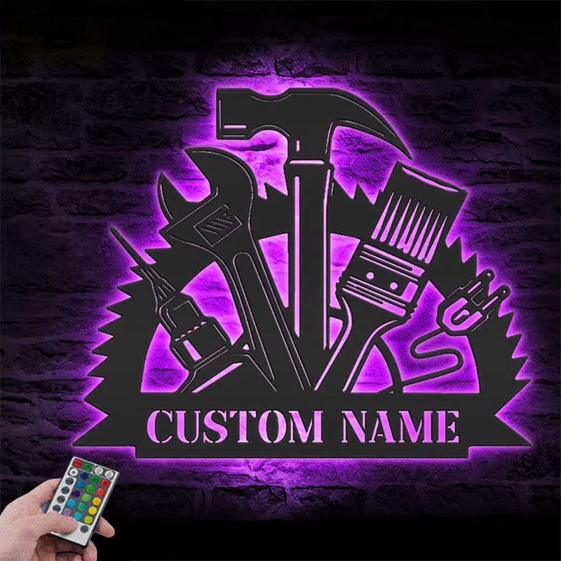 Custom Name Tools Shop Name Sign Home Decor Mechanic Tools Metal Wall Signs With RGB Led Light