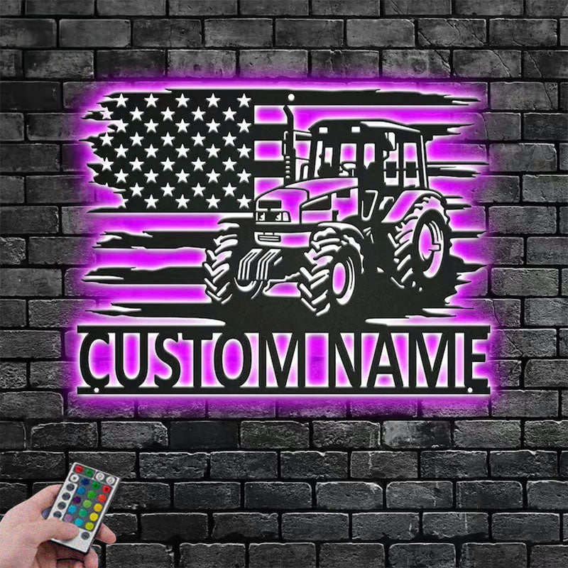 Custom Name Tractor Farm Name Sign Decoration For Room, Metal Wall Signs With RGB Led Light