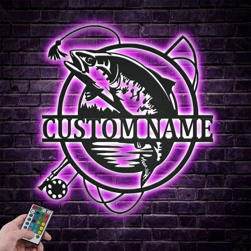 Custom Name Trout Fishing Fish Pole Monogram Metal Wall Signs With RGB Led Light