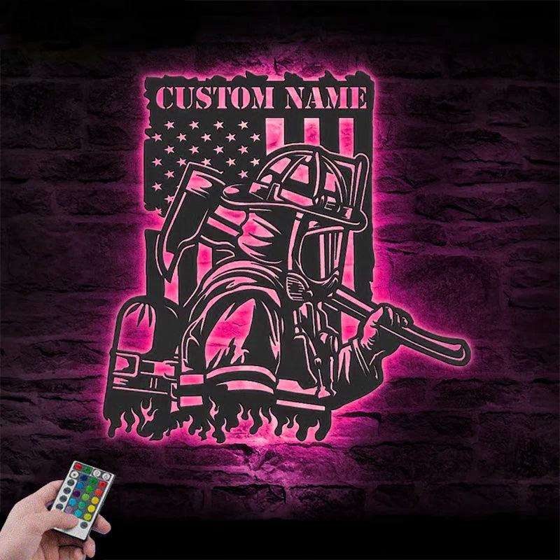 Custom Name USA Fireman Name Sign Home Decor Metal Wall Signs With RGB Led Light