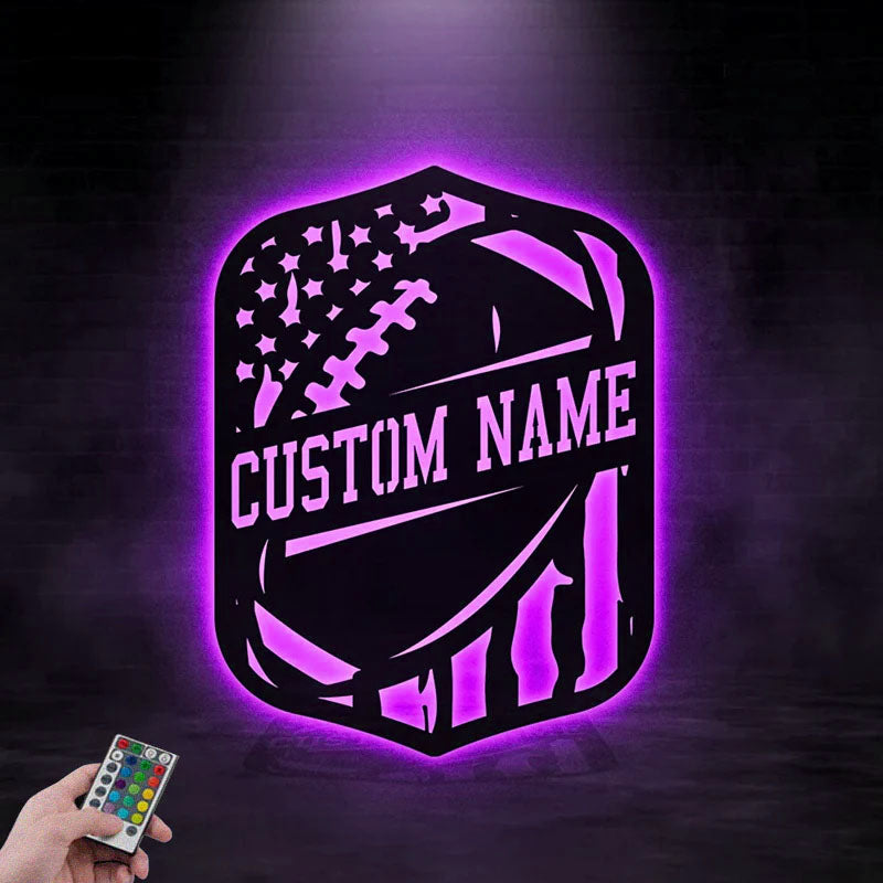 Custom Name USA Flag Football Sign, Metal Wall Signs With RGB Led Light