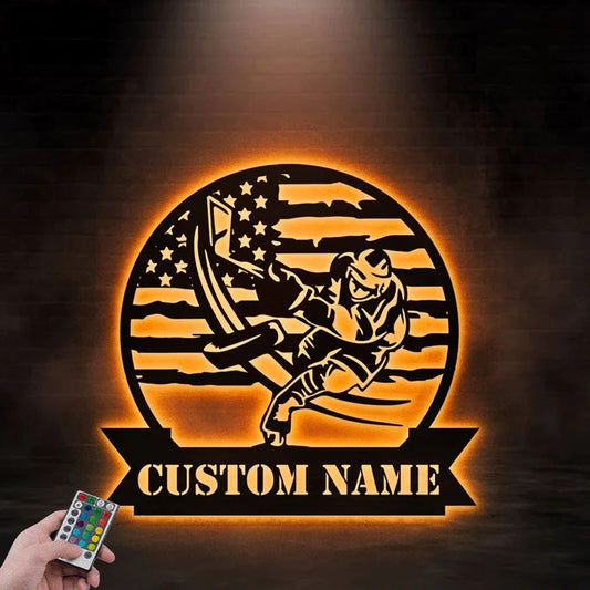 Custom Name USA Flag Hockey, Metal Wall Signs With RGB Led Light