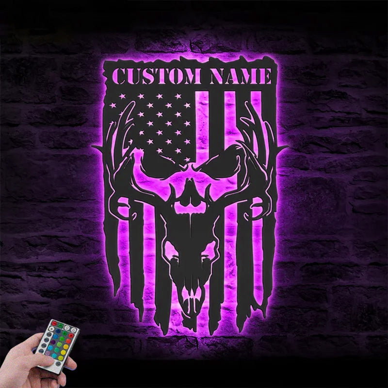 Custom Name US Buck Head Skull Hunter Metal Wall Signs With RGB Led Light