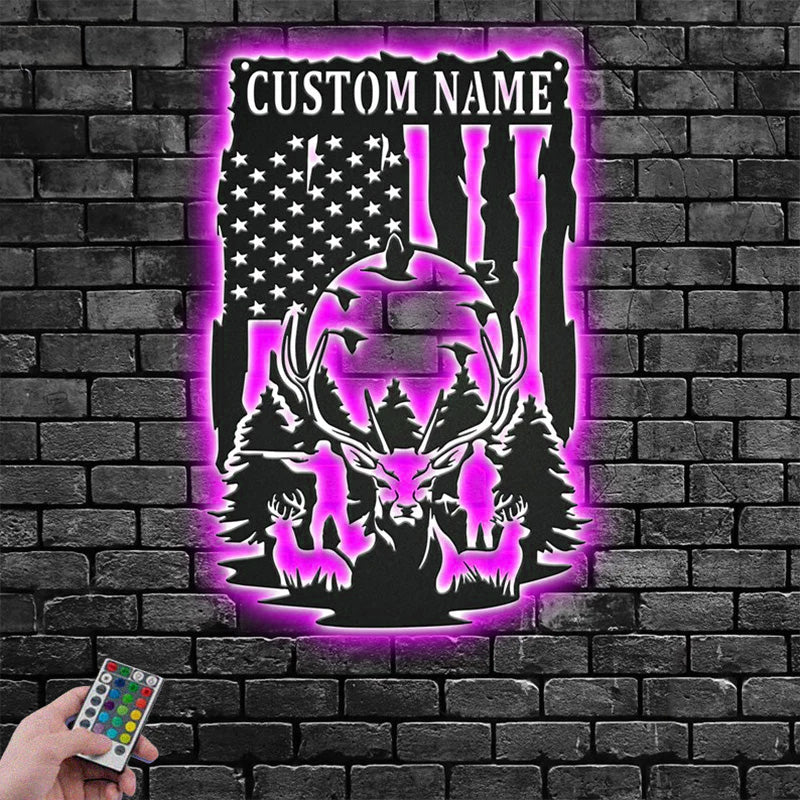 Custom Name US Deer Hunting Metal Wall Signs With RGB Led Light
