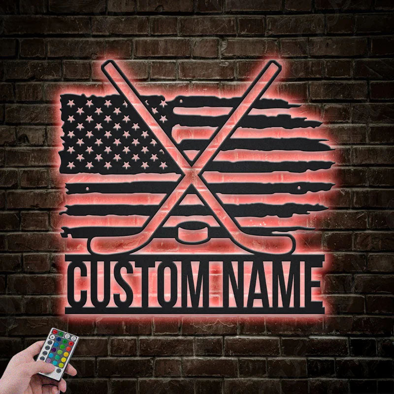 Custom Name US Flag Ice Hockey, Metal Wall Signs With RGB Led Light