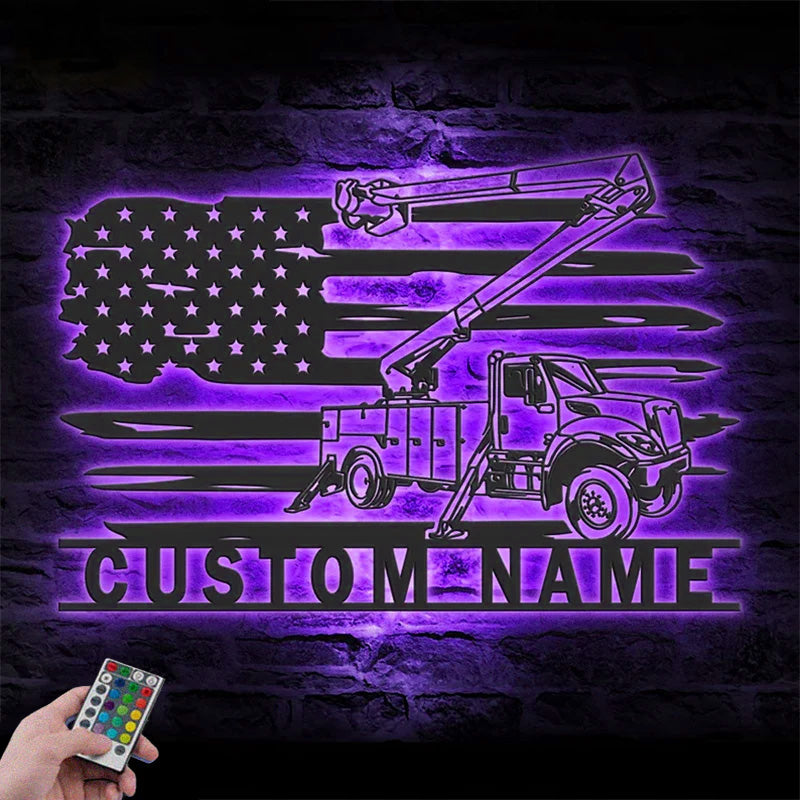 Custom Name US Lineman Bucket Truck Driver Metal Wall Signs With RGB Led Light
