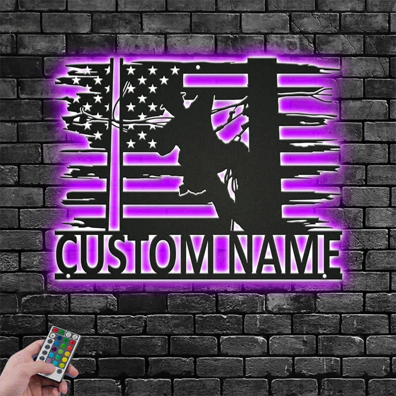 Custom Name US Lineman Metal Wall Signs With RGB Led Light