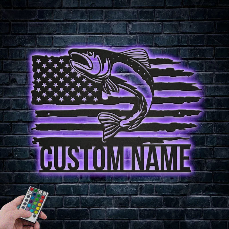 Custom Name US Trout Fishing Metal Wall Signs With RGB Led Light