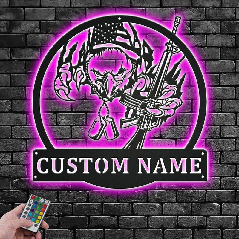 Custom Name Veteran Name Sign Decoration For Room, Metal Wall Signs With RGB Led Light
