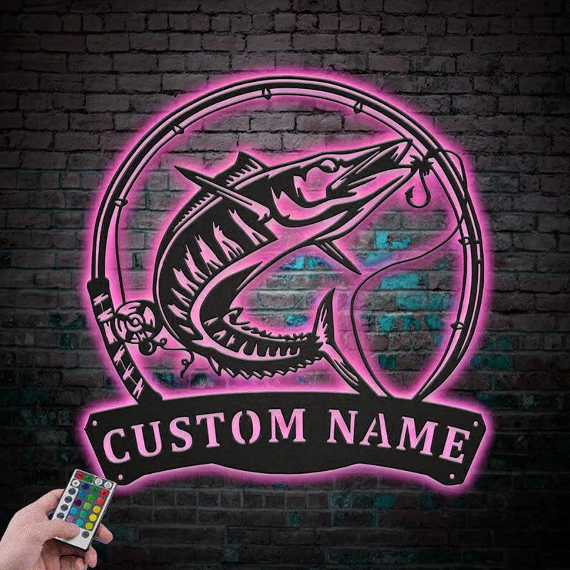 Custom Name Wahoo Fishing Fish Pole Metal Wall Signs With RGB Led Light