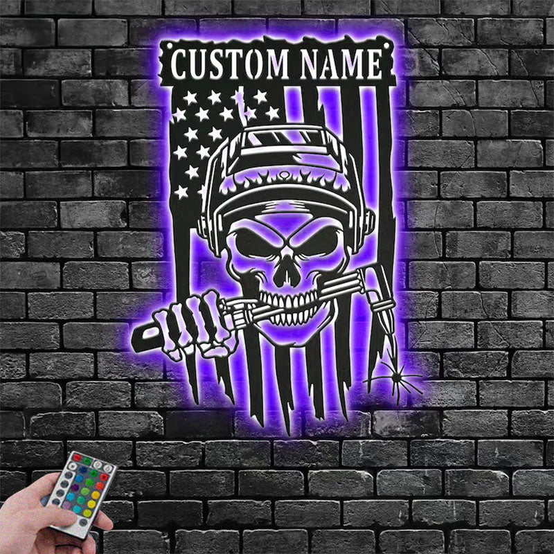 Custom Name Welder Skull Name Sign Decoration For Room, Metal Wall Signs With RGB Led Light