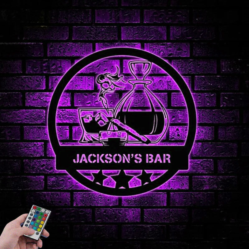 Custom Name Whiskey Glass & Cigar Metal Sign Wall Art With RGB Led Light