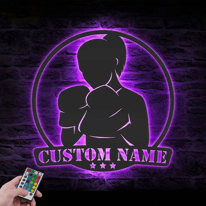 Custom Name Woman Boxer Female Name Sign Home Decor Gym Room, Metal Wall Signs With RGB Led Light
