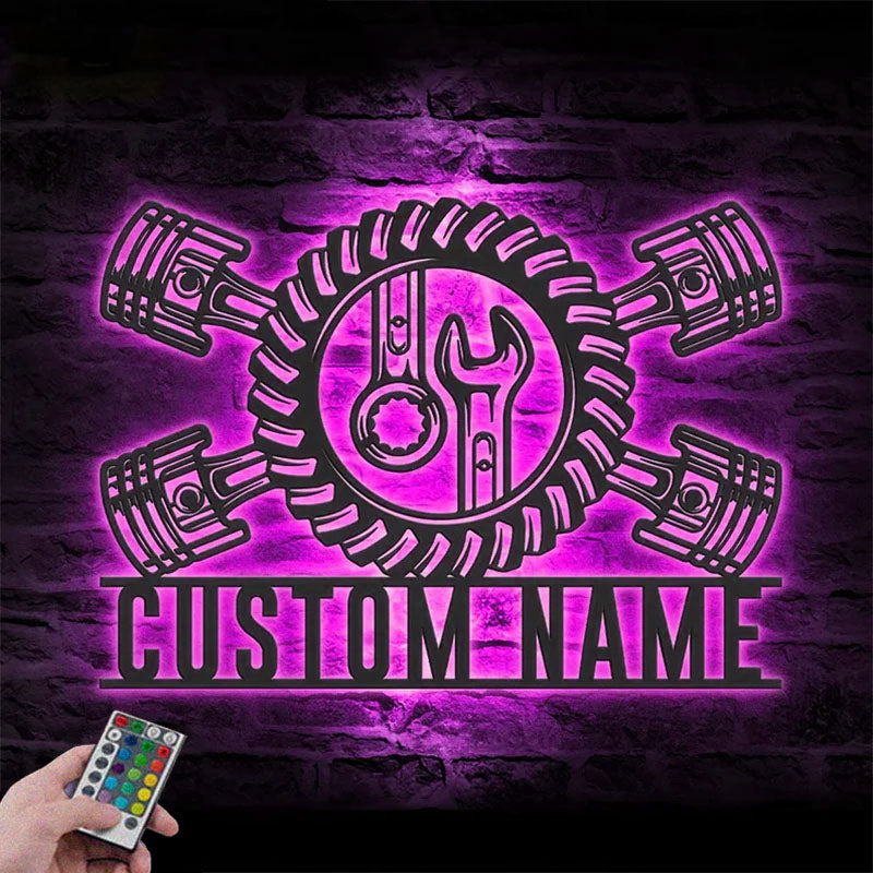 Custom Name Workshop Name Sign Home Decor Car Mechanic Repair Decoration Metal Wall Signs With RGB Led Light