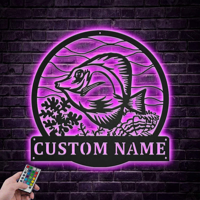 Custom Name Yellow Tang Fish Metal Wall Signs With RGB Led Light