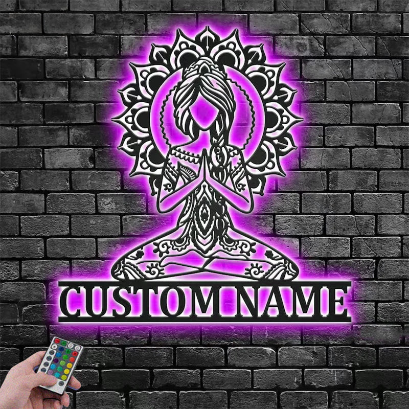 Custom Name Yoga Girl Mandala Metal Wall Signs With RGB Led Light