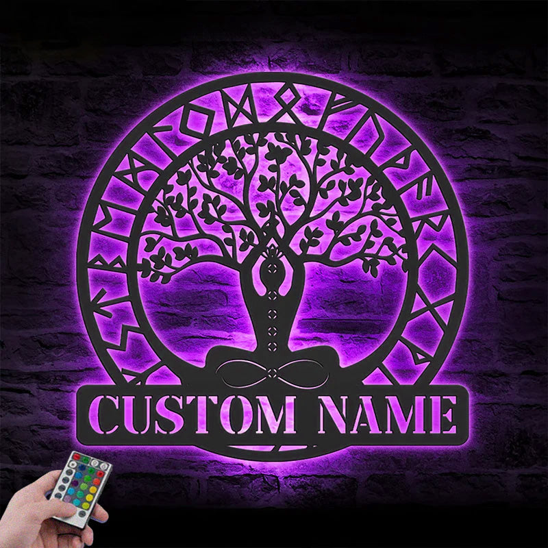 Custom Name Yoga Tree Of Life Metal Sign Wall Art With RGB Led Lights