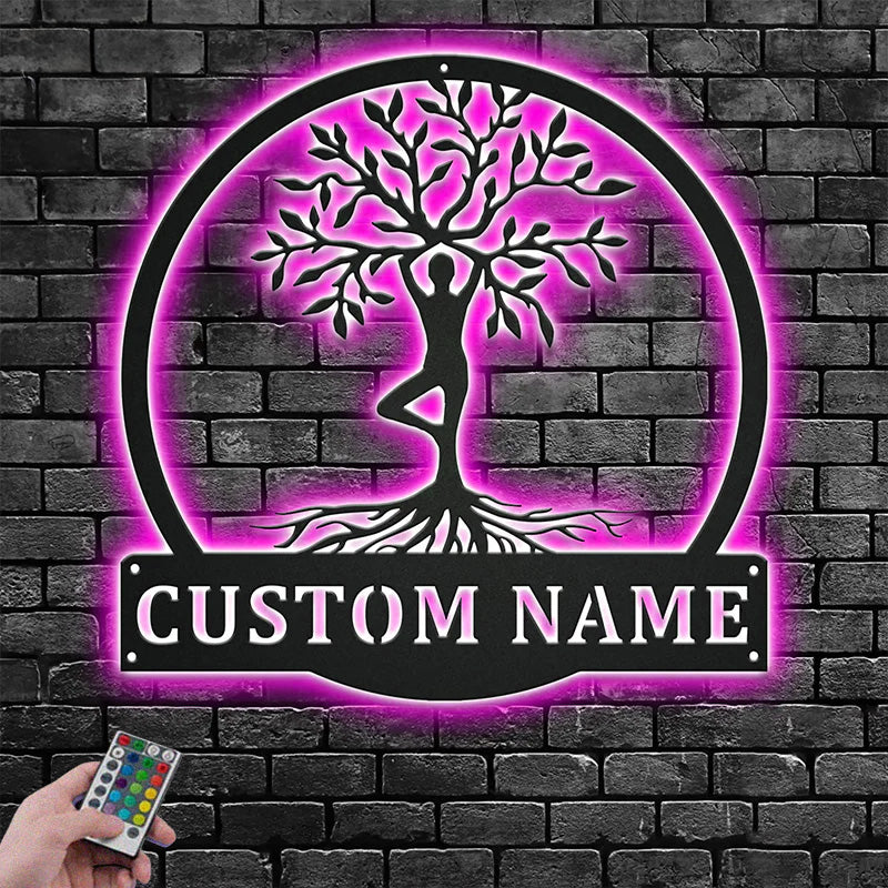 Custom Name Yoga Tree Of Life Metal Wall Art With LED Light