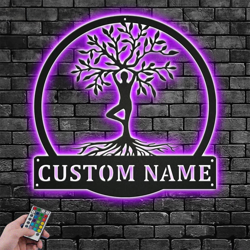 Custom Name Yoga Tree Of Life Metal Wall Signs With RGB Led Light