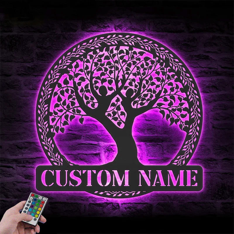 Custom Name Yoga Tree Of Life Metal Wall Signs With RGB Led Light