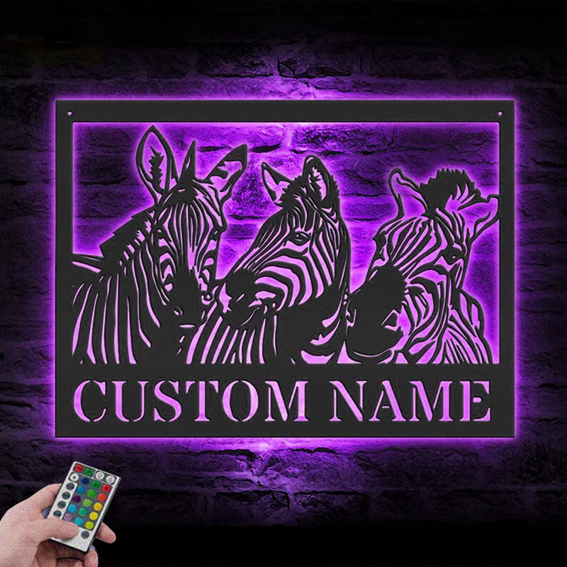 Custom Name Zebra Lover Name Sign Home Decor Metal Wall Signs With RGB Led Light