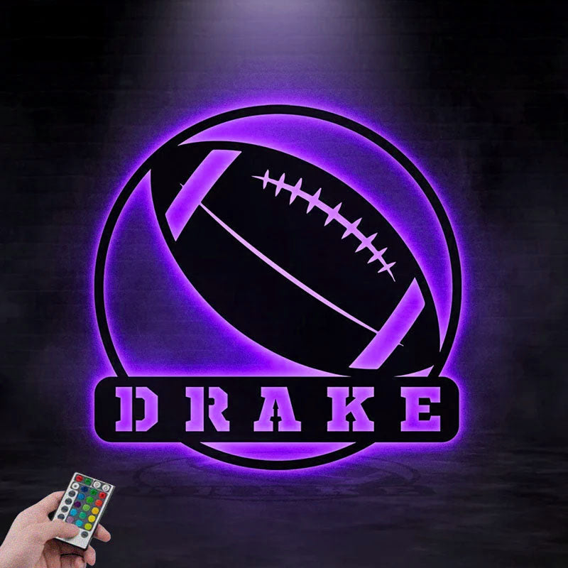 Personalized American Football, Metal Wall Signs With RGB Led Light