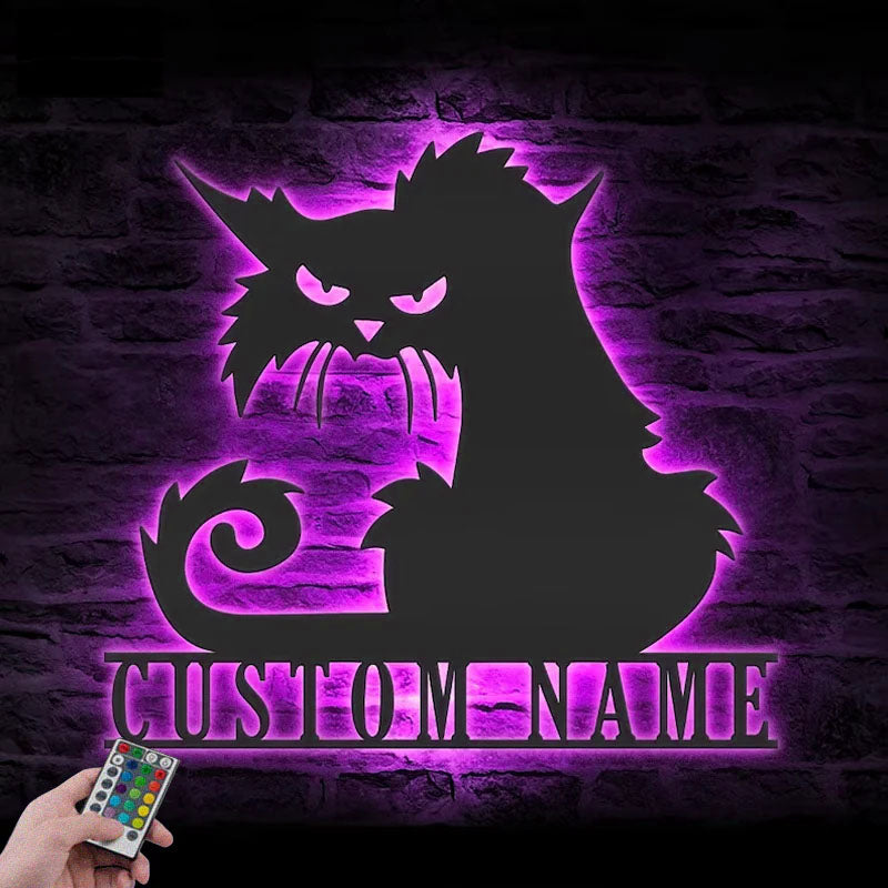 Personalized Angry Cat, Metal Wall Signs With RGB Led Light