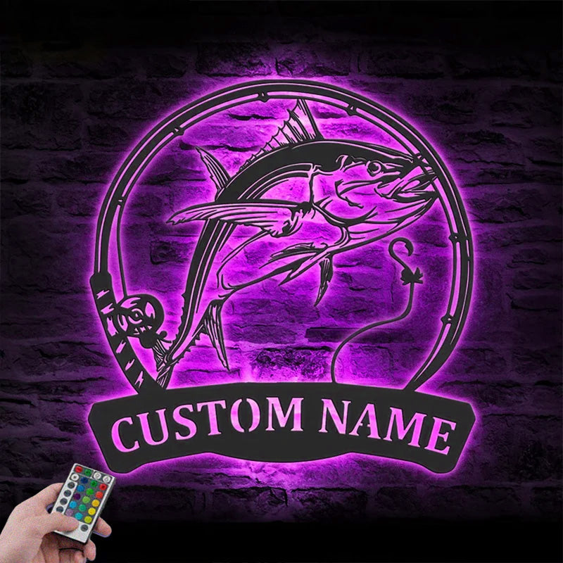 Personalized Atlantic Bluefin Tuna Fishing Metal Wall Signs With RGB Led Light