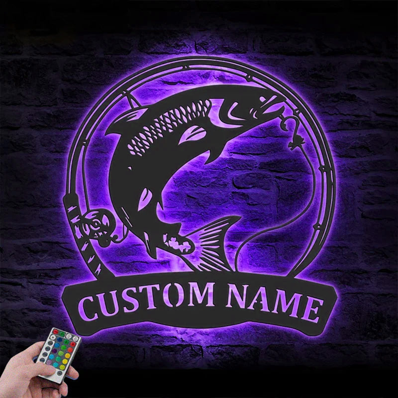Personalized Atlantic Salmon Fishing Metal Wall Signs With RGB Led Light