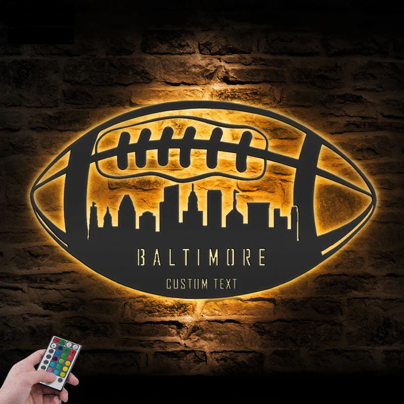 Personalized Baltimore Skyline American Football, Metal Wall Signs With RGB Led Light