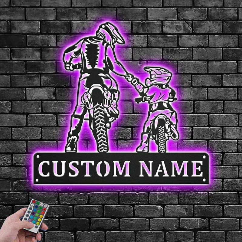 Personalized Biker Father And Son Metal Wall Signs With RGB Led Light