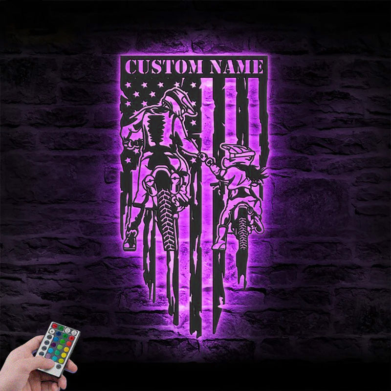 Personalized Biker Father Daughter Metal Wall Signs With RGB Led Light