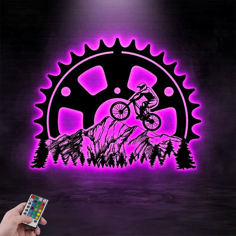 Personalized Biking Mountain Scene Metal Wall Signs With RGB Led Light