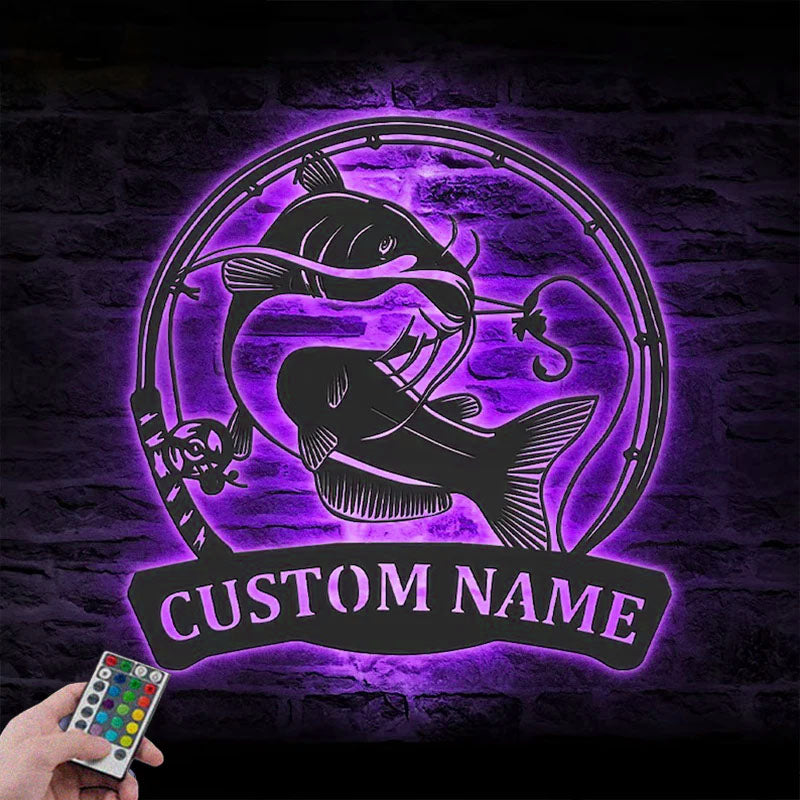 Personalized Black Bullhead Catfish Fishing Metal Wall Signs With RGB Led Light