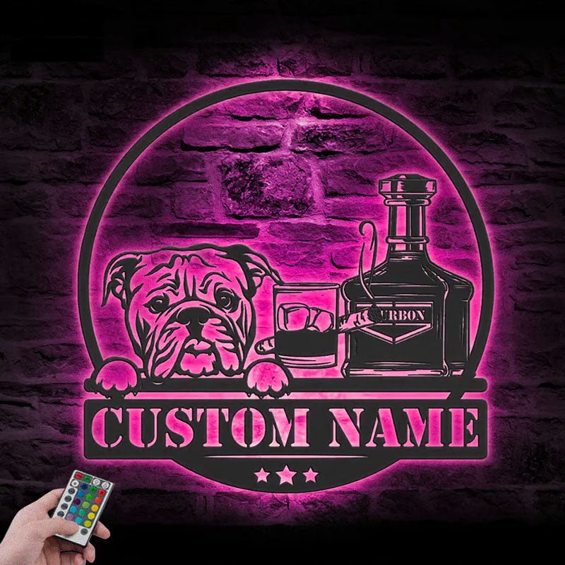 Personalized Bourbon Cigar And Bulldog, Metal Wall Signs With RGB Led Light