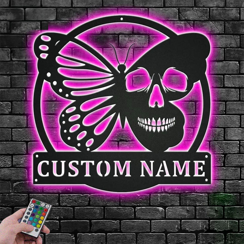 Personalized Butterfly Skull Metal Wall Signs With RGB Led Light
