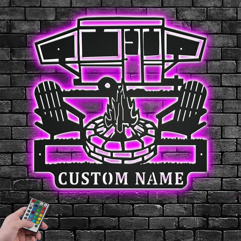 Personalized Camping Car Metal Wall Art With LED Light, Custom Name Camper Name Sign Decoration For Room, Camping Car Metal Home Decor, Camper