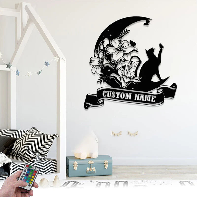 Personalized Cat And Moon, Metal Wall Signs With RGB Led Light
