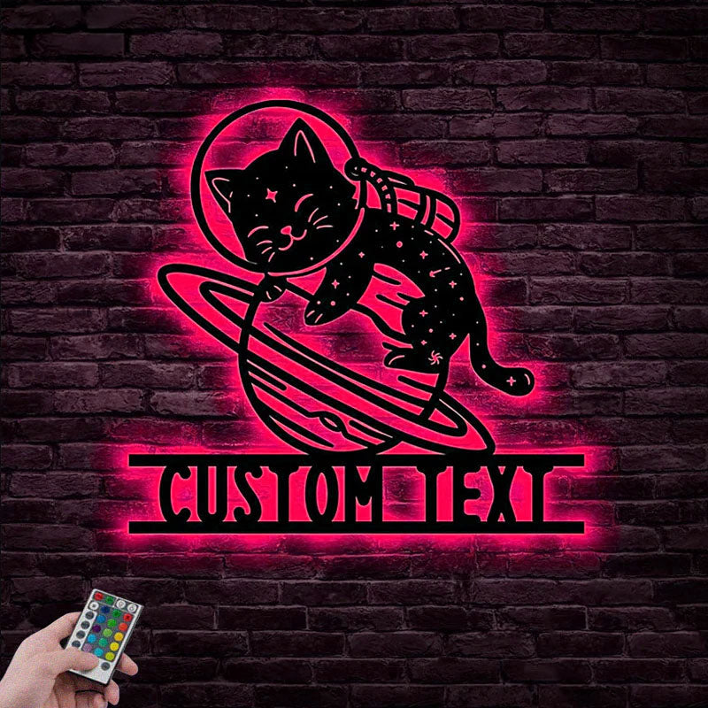 Personalized Cat Moon Universe Metal Wall Signs With RGB Led Light