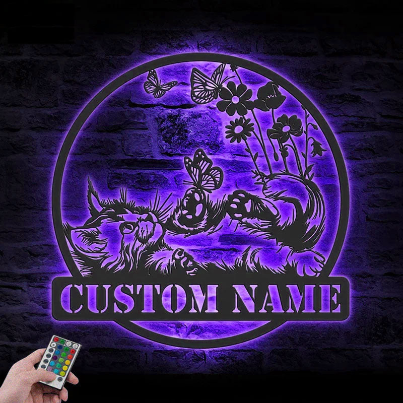 Personalized Cat With Butterfly, Metal Wall Signs With RGB Led Light