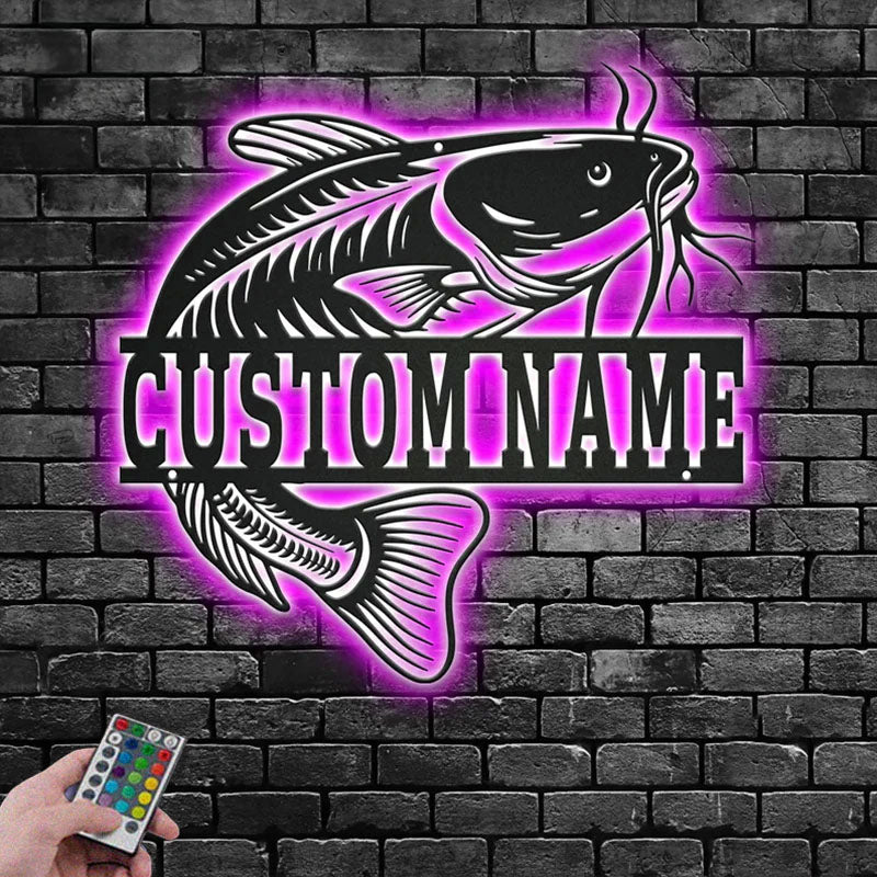 Personalized Catfish Fish Metal Wall Signs With RGB Led Light