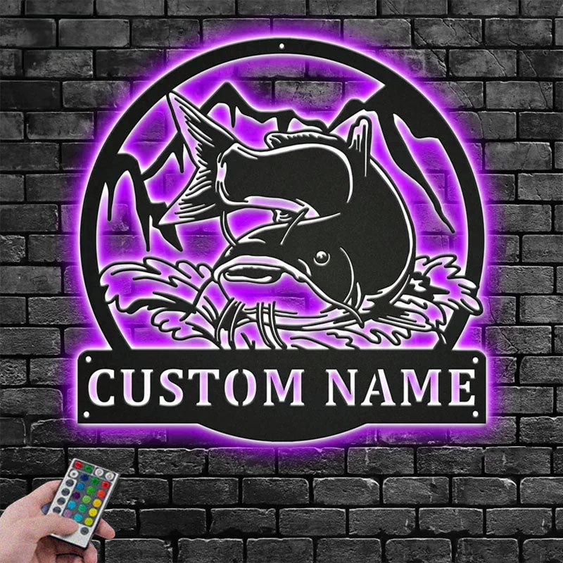 Personalized Catfish Fishing Metal Wall Signs With RGB Led Light