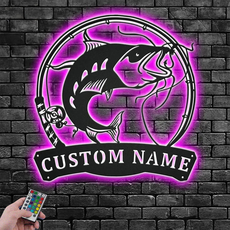Personalized Catfish Fishing Metal Wall Signs With RGB Led Light