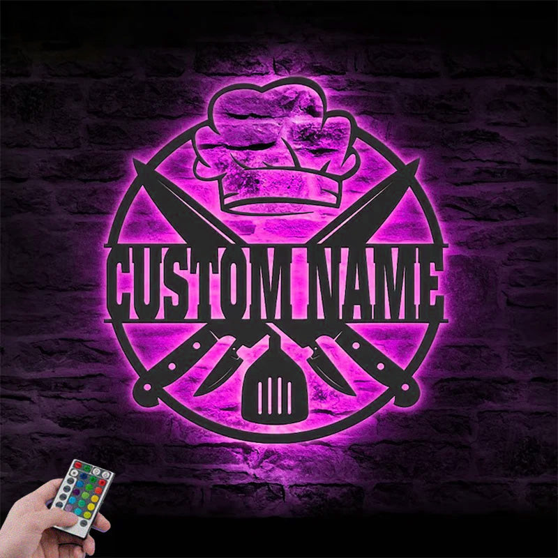 Personalized Chef Logo Metal Wall Signs With RGB Led Light