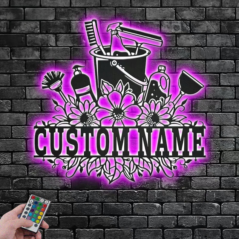 Personalized Cleaning Tool Frame Metal Wall Signs With RGB Led Light