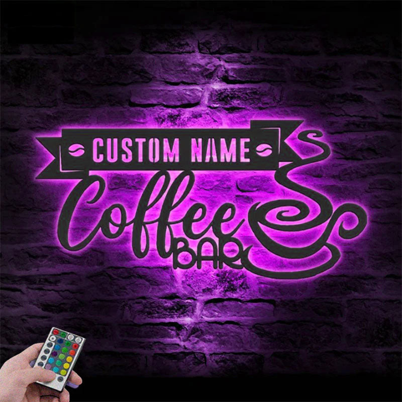 Personalized Coffee Bar Metal Wall Signs With RGB Led Light